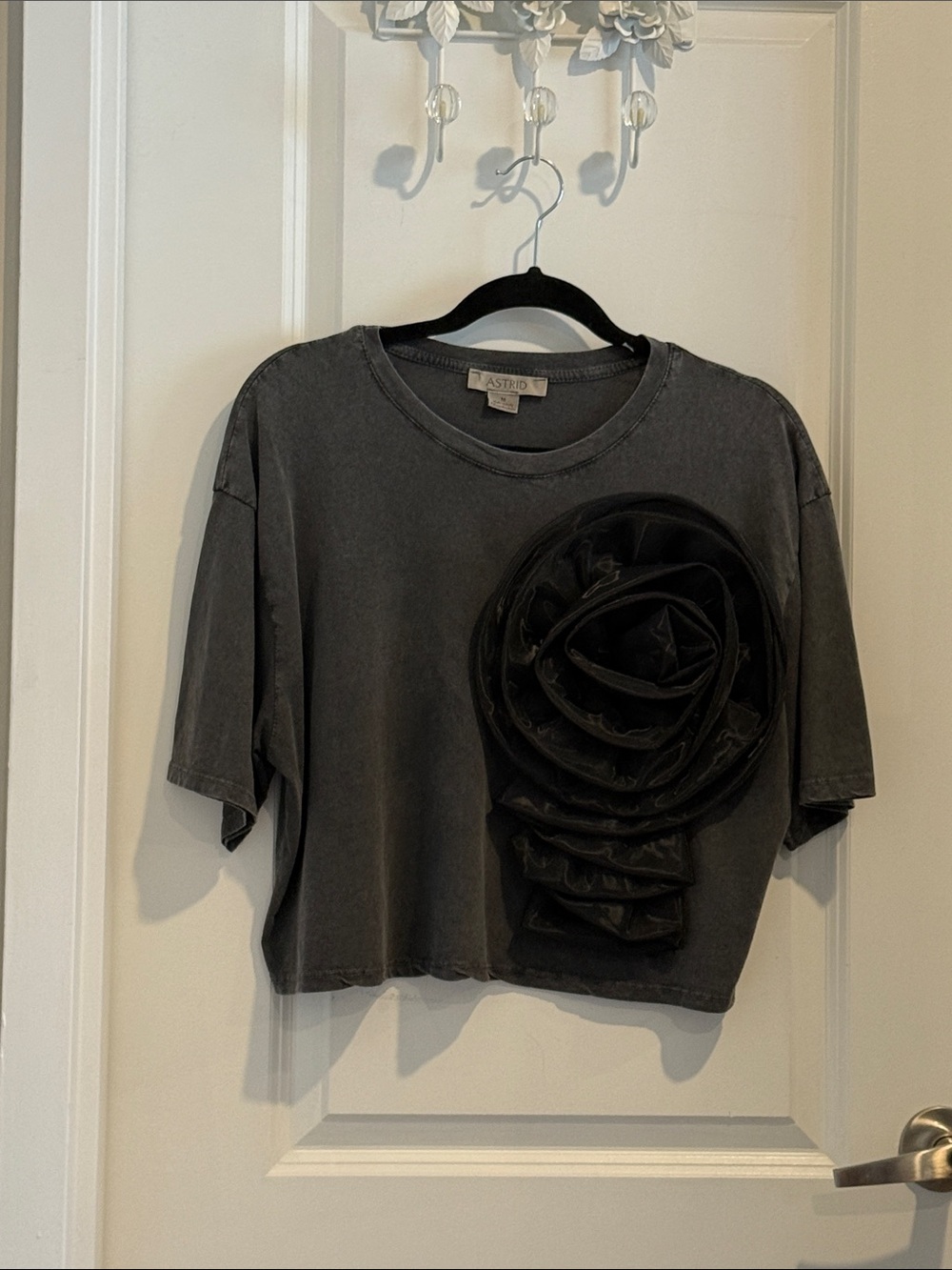 Astrid Black Washed Short Sleeve Crop Top with Rosette Applique